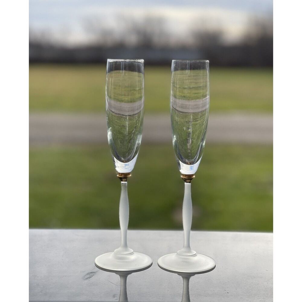 2 Champagne Flutes Glass Glasses Gold Satin Stem Stemware elegance